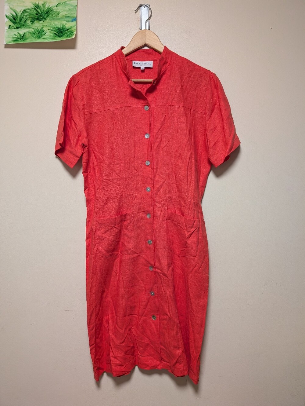 Lindsey Scott Petites 8 Coral Red Linen Button Front Midi Dress Vintage - Picture 5 of 6